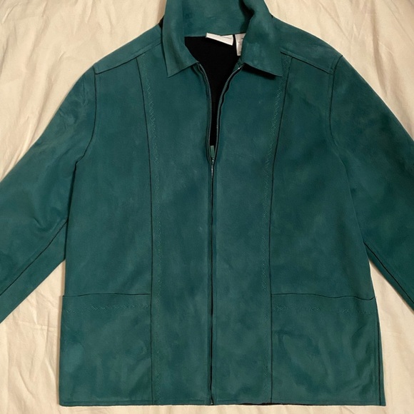 Vintage ‘90s Embroidered Dark Green Suede Collared Zip Up Jacket Size 14 Women’s - Picture 7 of 9